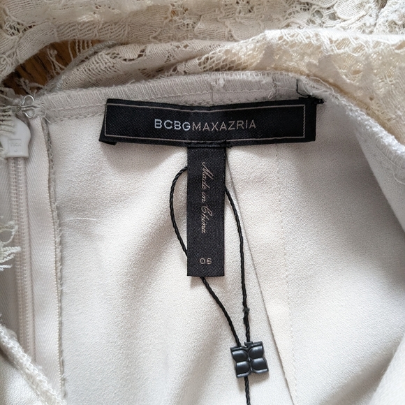 BCBGMaxAzria Mandana Open Back Romper Oatmeal Cream Lace pockets size 6 - Picture 7 of 12